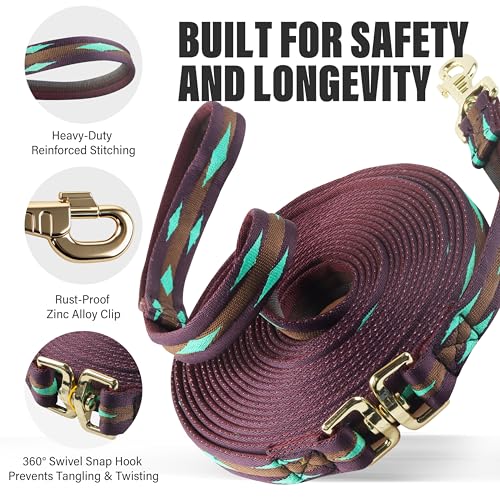 26FT Horse & Dog Training Leash - Lunge Line with 360° Swivel Snaps - color: Mulberry/Brown