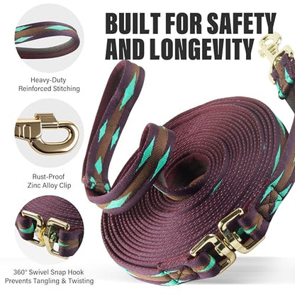 26FT Horse & Dog Training Leash - Lunge Line with 360° Swivel Snaps - color: Mulberry/Brown
