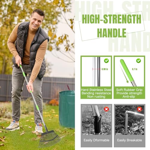 65 Inch 25 Tines Metal Leaf Rake Set with 32 Gal Bags Scoops, 18in Wide | Heavy duty lawn rake, Garden leaf collector, Yard clean up tool, Metal tines rake, Camping gear, Shrub rake, Weed remover - style: Green