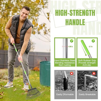 65 Inch 25 Tines Metal Leaf Rake Set with 32 Gal Bags Scoops, 18in Wide | Heavy duty lawn rake, Garden leaf collector, Yard clean up tool, Metal tines rake, Camping gear, Shrub rake, Weed remover - style: Green