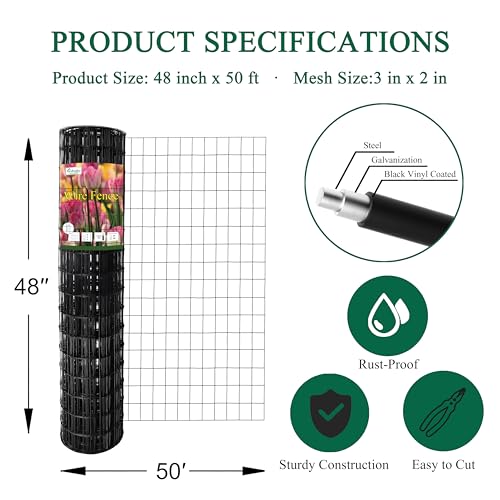 Black PVC Coated Welded Wire Fence 48" x 50' Roll, 2"x3" Mesh, 16 Gauge - color: Black, size: 2''x3'' 16GA 48''x50'