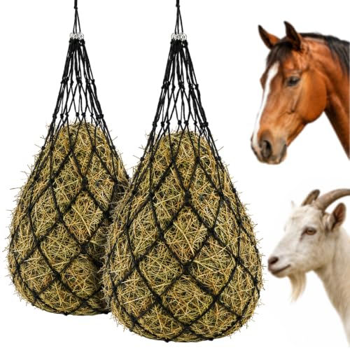 Hay Bags for Horses, 40 Inch Slow Feed Hay Nets for Horses 2 Pack, 2" Small Holes Polyester Rope Hay Net with Large Opening and Drawstring Closure for Goats Sheep Cattle, Stall Trailer Pasture