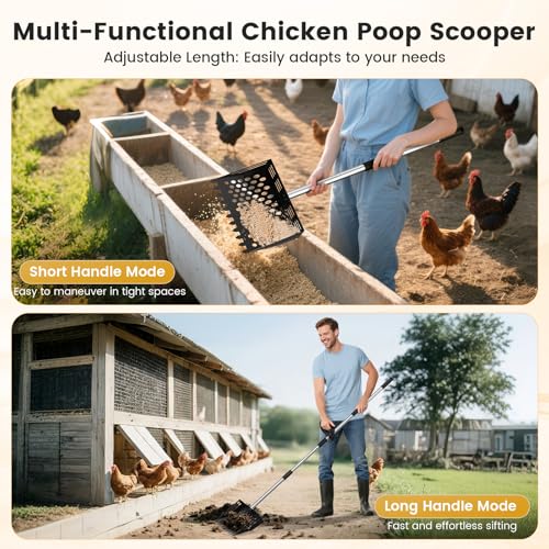 Chicken Poop Scooper and Rake, 2-in-1 Metal Sand Sifting Shovel with 24-68 Inch Adjustable Stainless Steel Handle, Cleaning Tools for Outdoor Chicken Coops, Farm Animals House