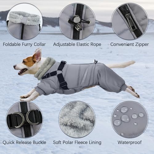 BRKURLEG Grey Dog Winter Coat, Cozy Winter Dog Jackets, Small Dogs Coat with Harness, Onesie Body Warm Puppy Jacket, Pet Reflective Windproof Cold Weather Jackets, Puppy Four-Legged Puffer Coats, M - color: Grey, size: Medium