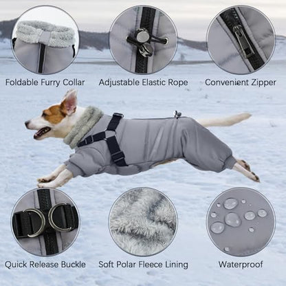 BRKURLEG Grey Dog Winter Coat, Cozy Winter Dog Jackets, Small Dogs Coat with Harness, Onesie Body Warm Puppy Jacket, Pet Reflective Windproof Cold Weather Jackets, Puppy Four-Legged Puffer Coats, L - color: Grey, size: Large