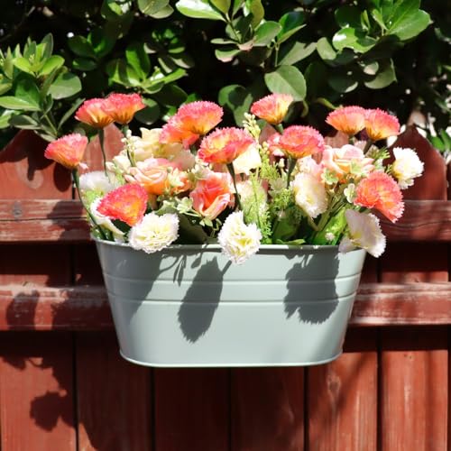 3 Pack Metal Railing Planters, 10.5" Oval Hanging Flower Pots with Detachable Hooks & Drainage Holes, Fits Rails up to 2.36", Galvanized Iron Fence Bucket for Balcony Garden Patio - Blue - color: Blue, size: 3 Pack, 10.5"L x 5.7"W x 4.7"H