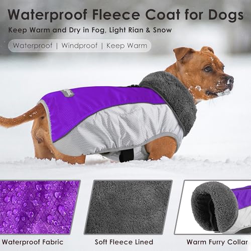 Petglad Dog Coat, Waterproof Ripstop Dog Winter Jacket with Leash Hole, Reflective Adjustable Warm Pet Fleece Snow Sweater for Small Medium Large Dogs - Purple, L - color: Purple, size: L