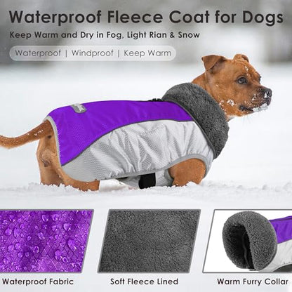 Petglad Dog Coat, Waterproof Ripstop Dog Winter Jacket with Leash Hole, Reflective Adjustable Warm Pet Fleece Snow Sweater for Small Medium Large Dogs - Purple, L - color: Purple, size: L