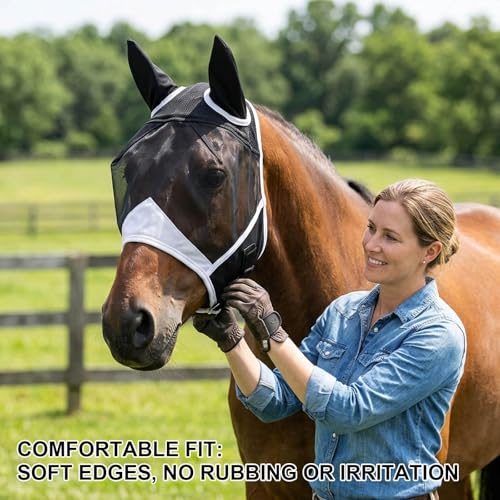1PCS Fly Mask for Horses, Summer Turnout Protection with Enhanced Visibility, Breathable Mesh and Knit Fabric Design, Tangle-Free Fly Mask for Outdoor Riding and Stable Management (Full (Large))
