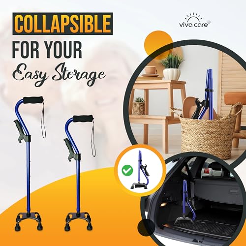 Walking Cane with 4 Prongs and Extra Side Handle – Adjustable, for Balance & Stability for Adults, Seniors, and Injured. - color: Blue