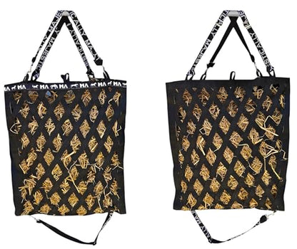 Majestic Ally Double Side Open Slow Feeder Hay Bag - Diamond shaped Obliquely Placed Webbing (Black) - color: Black