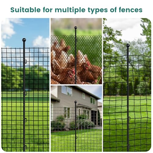 4FT Metal Fence Posts 10 Pack, Garden Lawn Wire Fencing Stakes | Easy Setup, Adjustable U-Clips & Segmented Structure Fit All Wire Fences Spray Coated to Resist Rust and Water