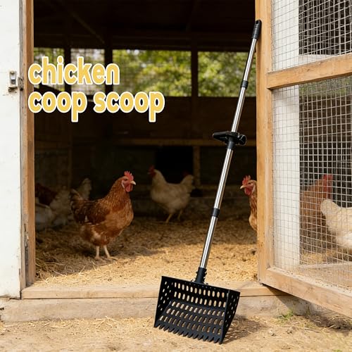 XCL Chicken Poop Scooper, Chicken Coop Scoop & Rake 2-in-1, Chicken Coop Rake with Ergonomic Grip, Sifting Shovel for Poop and Bedding Shavings, for Livestock Farming Such as Chicken Duck (Black) - color: Black