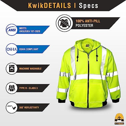 KwikSafety - Charlotte, NC - Men's Fleece Safety Hoodie | PPE Hi Vis Lightweight Reflective Jacket - color: Yellow, size: Large