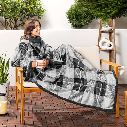 PAVILIA Sherpa Wearable Blanket with Sleeves and Pocket, Plush Thick Cozy Body Blanket Wrap for Adult Women Men, Christmas Gift for Wife Mom, Plaid Grey - color: Plaid Charcoal