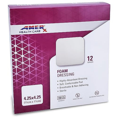 AMERX Foam Dressing - Wound Dressing Pads - Waterproof Barrier - Breathable, Self-Adhesive Border - 12 Count Per Box - size: 4.25" x 4.25" Pad