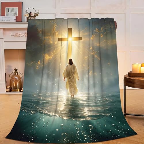 Jesus Christian Throw Blanket Jesus Walking on Water Fleece Blanket Christ Cross Religious Soft Cozy Fuzzy Plush Warm Stuff Bedding Blankets Gifts for Boys Girls Kids Adult Men Women 40"X50" - color: Jesus, size: 40"x50"