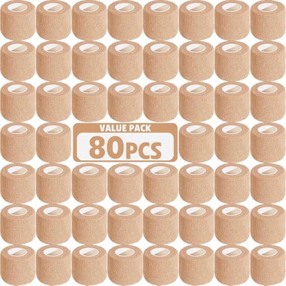 AZEN 80 Pack Self Adhesive Bandage Wrap, 2" X 5 Yards Elastic Cohesive Bandage Wrap, Skin Color Athletic Tape, Vet Wrap, Ankle Tape, Tattoo Grip Tape Wrap - color: Beige, size: 2IN - 80Pack