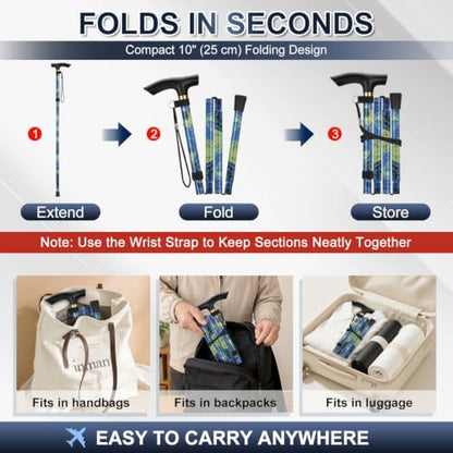 supregear Folding Cane, 5-Level Adjustable Height Walking Stick Lightweight Collapsible Portable Travel Cane with Wrist Strap and T Handle for Elderly Disabled Men Women - color: Oriental Blue