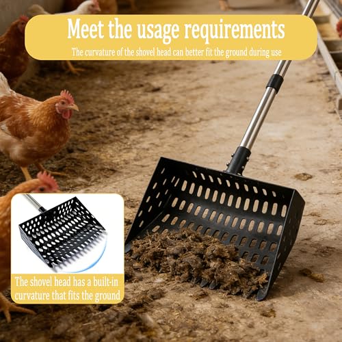 XCL Chicken Poop Scooper, Chicken Coop Scoop & Rake 2-in-1, Chicken Coop Rake with Ergonomic Grip, Sifting Shovel for Poop and Bedding Shavings, for Livestock Farming Such as Chicken Duck (Black) - color: Black