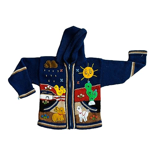 Peruvian Wool Knitted Sweater with hoodie for babies & toddlers, Unisex, Chompas Peruanas, fall winter sweater - color: Navy Blue, size: 2T
