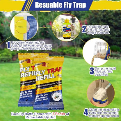 3 Reusable Fly Traps Outdoor Bottles, Fly Killer Catcher Jar with 6 Bait | Flies Bug Insect Trap Control Outdoor Hanging for Outside Barns, Stable, Farm, Patio, with Natural Bait Refills Lure - size: 3 pack