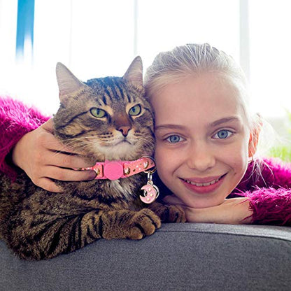 2Pcs Breakaway Cats Collars Cat Collars for Boy & Girl Cats Moons Adjustable Kitten Collars with Bell & Pendant Glow in The Dark,Black+Pink - color: Pink+Black, size: 7.0-10.7''
