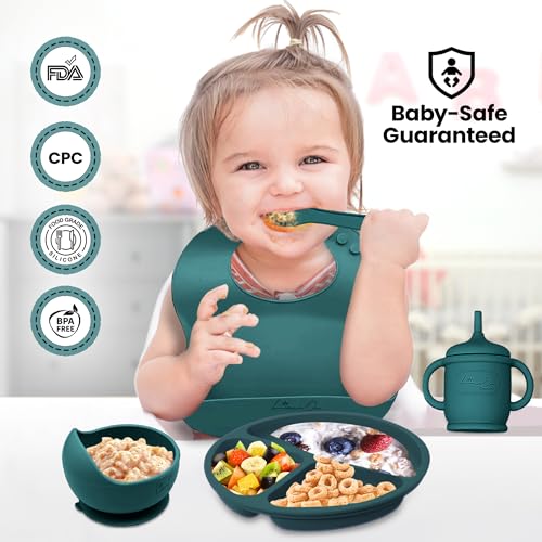 Silicone Baby Feeding Set, Suction Plates Bowls Bibs for Self Feeding Green | Baby Led Weaning, BPA-Free Suction Plates and Bowls, Baby Spoons Forks, Independent Eating, Easy Clean - color: Green Spruce