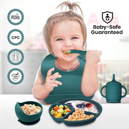 Silicone Baby Feeding Set, Suction Plates Bowls Bibs for Self Feeding Green | Baby Led Weaning, BPA-Free Suction Plates and Bowls, Baby Spoons Forks, Independent Eating, Easy Clean - color: Green Spruce