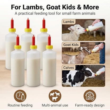 Goat Bottles for Feeding Baby Goats - 6 Pack 13.5 oz (400ml) PP Plastic Nipple Set for Lambs, Calves, Sheep, Goat & Other Livestock - Essential to Raise Healthy Lambs and Calves