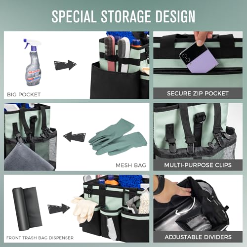 SCAVATA Wearable Cleaning Caddy, Cleaning Caddy Supplies Organizer with Handle & Shoulder Straps for Housekeepers, Under Sink & Car Cleaning Tool Organizers Bag with 4 Foldable Divider (Celadon) - color: Celadon