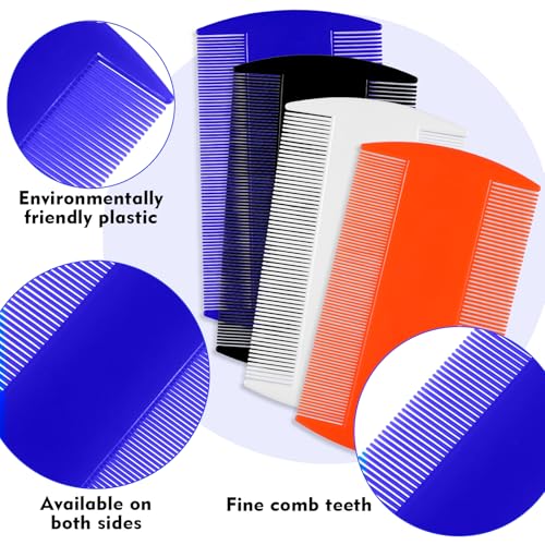 4PCS Lice Comb, Double-Sided Fine-Tooth Combs, Double-Sided Lice Flea Combs for All Hair Types (White, Deep Blue, Orange, Black)