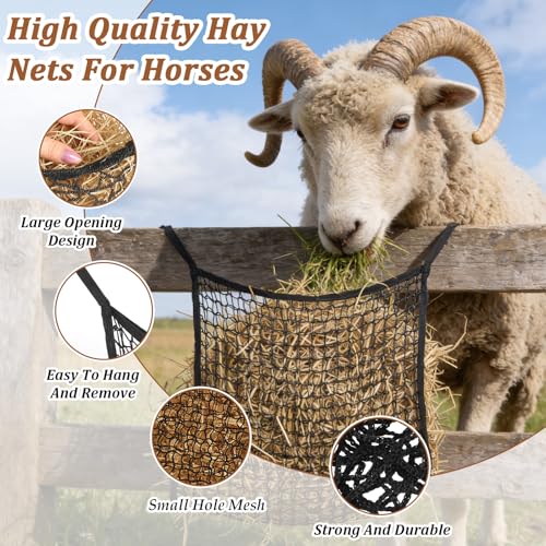 2 Pcs Horse Hay Net with Carabiners, Large Capacity Slow Feed Hay Bag for Horses, Durable Polyester Flat Feeder for Goats and Livestock (31.5" X 35.4")