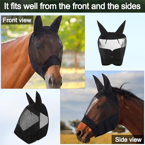 3 Pcs Horse Fly Mask with Long Nose and Ear, Black Meshs
