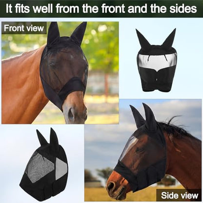 3 Pcs Horse Fly Mask with Long Nose and Ear, Black Meshs