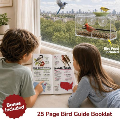 Kool Krafts Window Bird Feeder Kit for Kids & Families – Includes 1 lb USA Made Bird Food, 24-Page Educational Bird Guide Booklet, Removable Tray & Water Cup