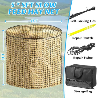 YedsIntu 5x5 ft Round Bale Hay Net for Horses, Slow Feeder Hay Nets with 1.5 inches Holes, Knotless Hay Feeder Bag for Goats Cattle Sheep Livestock - size: 5×5 ft