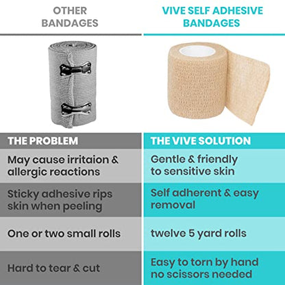 Vive Care Self Adhesive Bandage Wrap (12 Rolls) Cohesive Extra Sticking Stretch Wound Wraps - Elastic Athletic Tape for First Aid, Injuries & Sports, Arm, Leg, Ankle, Wrist, Fingers, 2" x 5yd Roll