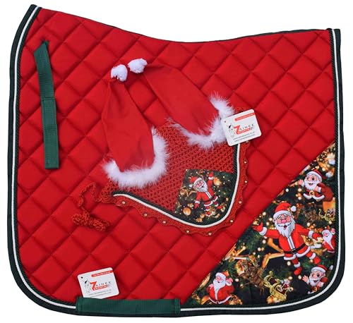 Christmas Santa Saddle Pad Set + Matching Ear Bonnet – Holiday Horse Riding Gear Festive Equestrian Gift Set Dressage, Hunter - size: DRESSAGE FULL