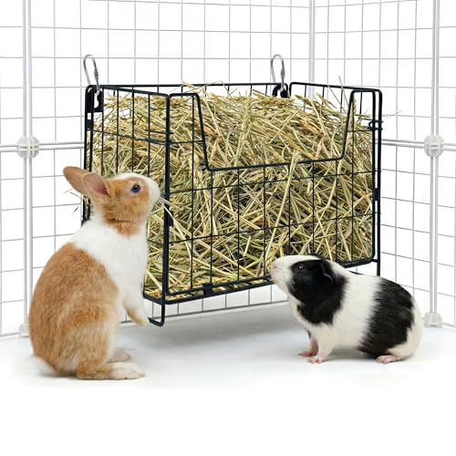 Foldable Rabbit Hay Feeder Metal Wire Guinea Pig Hay Rack Holder for Cage Chew Proof Bunny Hay Dispenser Manager for Chinchillas & Small Pets - Wall Mounted, Hanging or Freestanding (Black)