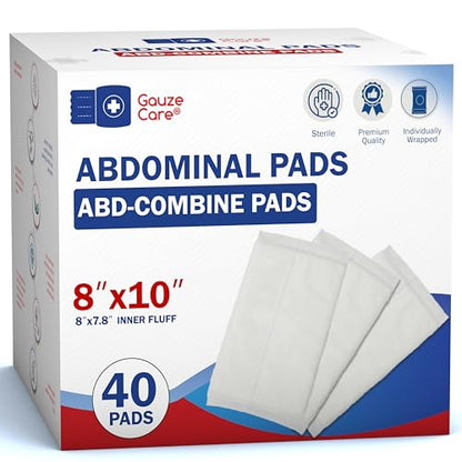 GauzeCare Sterile Abdominal- ABD Combine Pads| 40-Pack, 8x10 Inches| Extra Absorbent & Thick, Individually Wrapped Wound Dressing, First Aid Pads| Surgical-Grade, Nonstick- for Heavy Leakage, Post Op - size: 8"x10" (40 Pads)