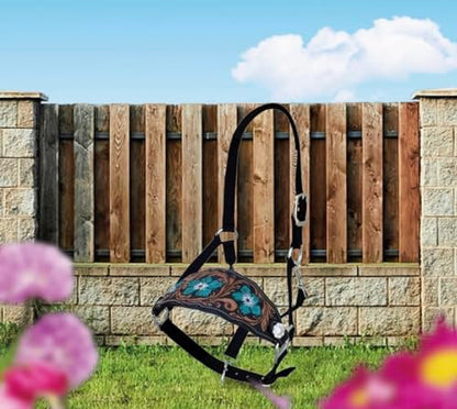 Majestic Ally Equestrian Designer Bronc Halter for Horses, Hand-Tooled Leather Nose, Padded Nylon Crown and Noseband - style: Turquoise Carnation