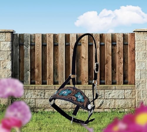 Majestic Ally Equestrian Designer Bronc Halter for Horses, Hand-Tooled Leather Nose, Padded Nylon Crown and Noseband - style: Turquoise Carnation
