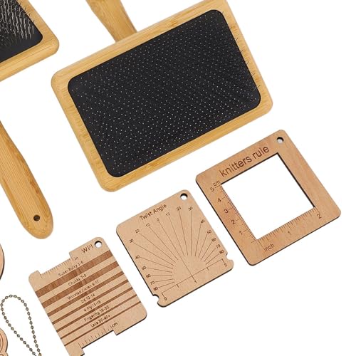 Wooden Knitting Gauge Set, 8 Piece Knitting Tool Set, Wood Blending Board Carding Brush Set with, Wooden Wool Carder Hand Carders for Needle Felting Supplies for Dogs Weaving