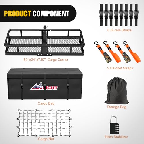 Nilight 60" x 24"x 7.87" Folding Carrier Fits 2-Inch Receiver 500 Lbs Capacity Soft Waterproof Bag Net Ratchet Straps for SUV Pickup RV‘s Vans Cars - style: 24"x 60"x 7.87",w/Bag,Net,Straps