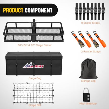Nilight 60" x 24"x 7.87" Folding Carrier Fits 2-Inch Receiver 500 Lbs Capacity Soft Waterproof Bag Net Ratchet Straps for SUV Pickup RV‘s Vans Cars - style: 24"x 60"x 7.87",w/Bag,Net,Straps