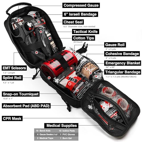 Survival First Aid Kit with Israeli Bandage, Chest Seal, Tourniquet, Splint, Tactical Military Combat Molle IFAK for Wound Care, Bleeding Control, Trauma Hemorrhage and More (Black)