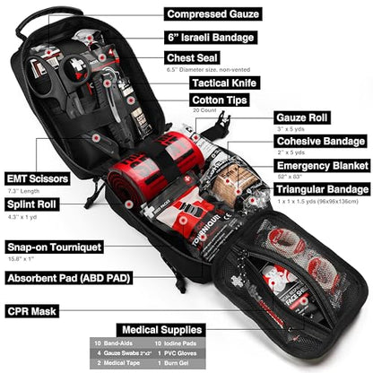 Survival First Aid Kit with Israeli Bandage, Chest Seal, Tourniquet, Splint, Tactical Military Combat Molle IFAK for Wound Care, Bleeding Control, Trauma Hemorrhage and More (Black)