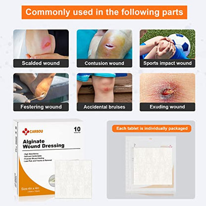 Carbou Calcium Alginate Wound Dressing, 4"x4" Patches, 10 Sterile Pads - size: 4x4 In (Pack of 10)