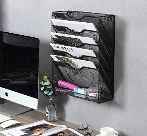 EasyPAG 5 Tier Wall File Holder Mesh Hanging Folder Organizer with Classify Label, Versatile Desk File Holder, Vertical Wall Mounted Mail Organizer for Office Home Cubicle, Black, Closed Sides - color: Black (Update）